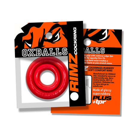 Oxballs Rimz Single Ring Red on packaging, featuring a glossy red cock ring designed for comfort and grip.