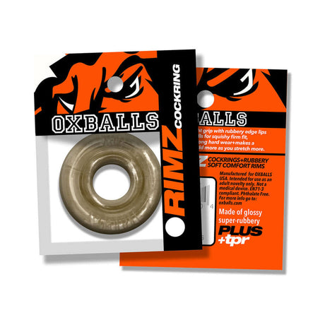 Oxballs Rimz Single Ring Storm product packaging featuring a flexible cock ring for comfort and support.