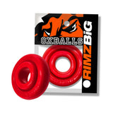 Oxballs Rimz Big Single Ring Red displayed on packaging with two red cock rings, showcasing comfort-fit design.