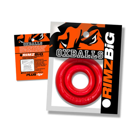 Oxballs Rimz Big Single Ring Red packaging and product close-up showing the red comfort-fit cock ring.