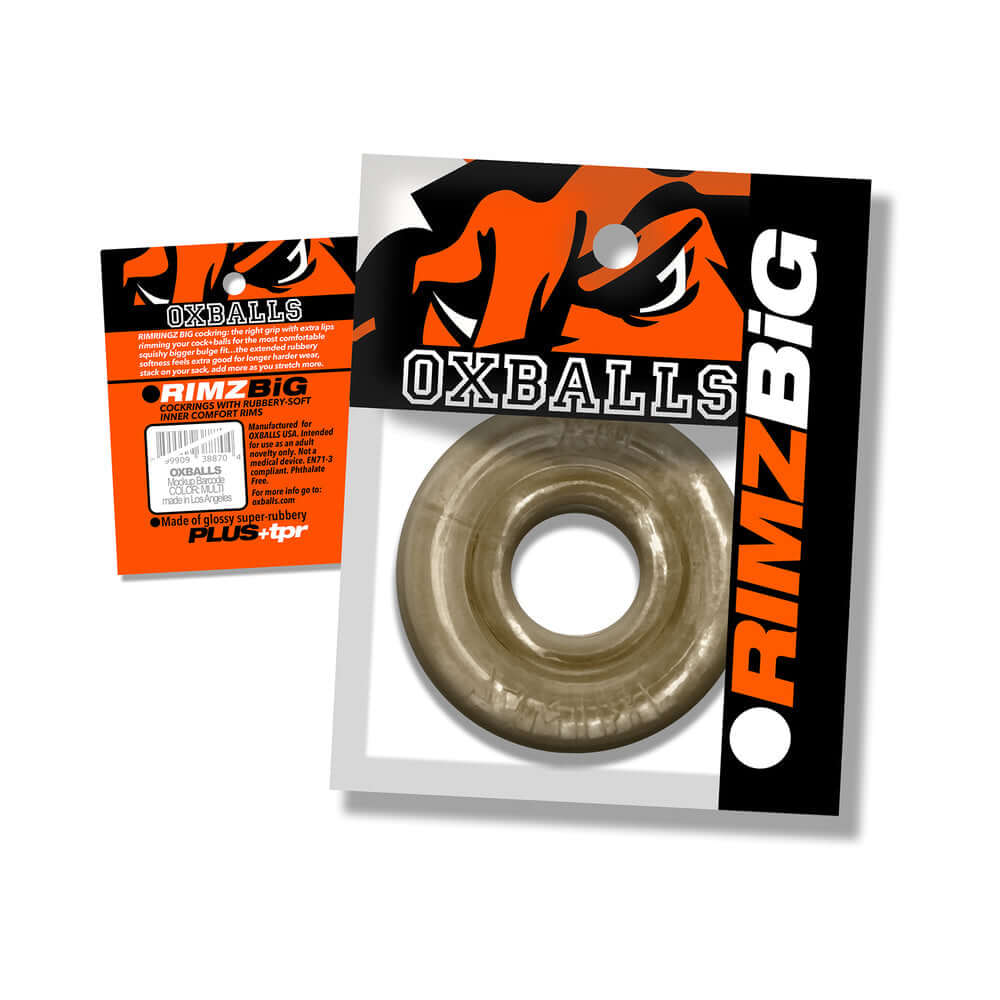 Oxballs Rimz Big Single Ring Storm packaging with clear ring and bold graphics for secure comfort-fit support.