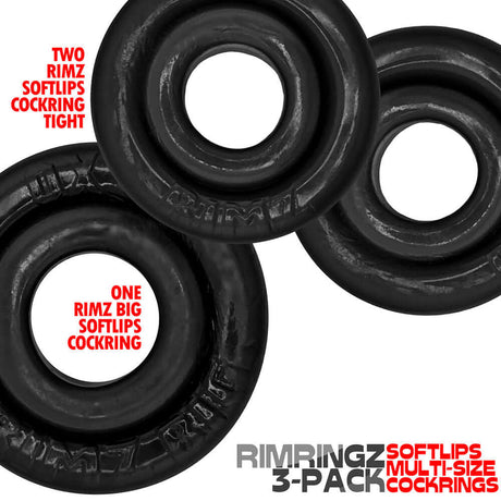 Oxballs Rimringz Multi Size 3-Pack Black features two rimz softlips cockrings and one rimz big softlips cockring in black.