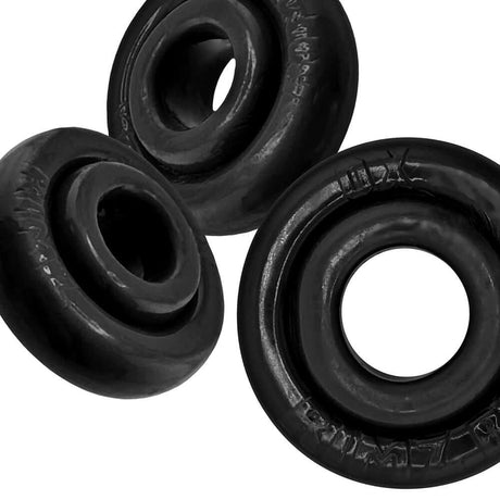 Oxballs Rimringz Multi Size 3-Pack Black featuring three black cock rings in various sizes for enhanced comfort and fit.