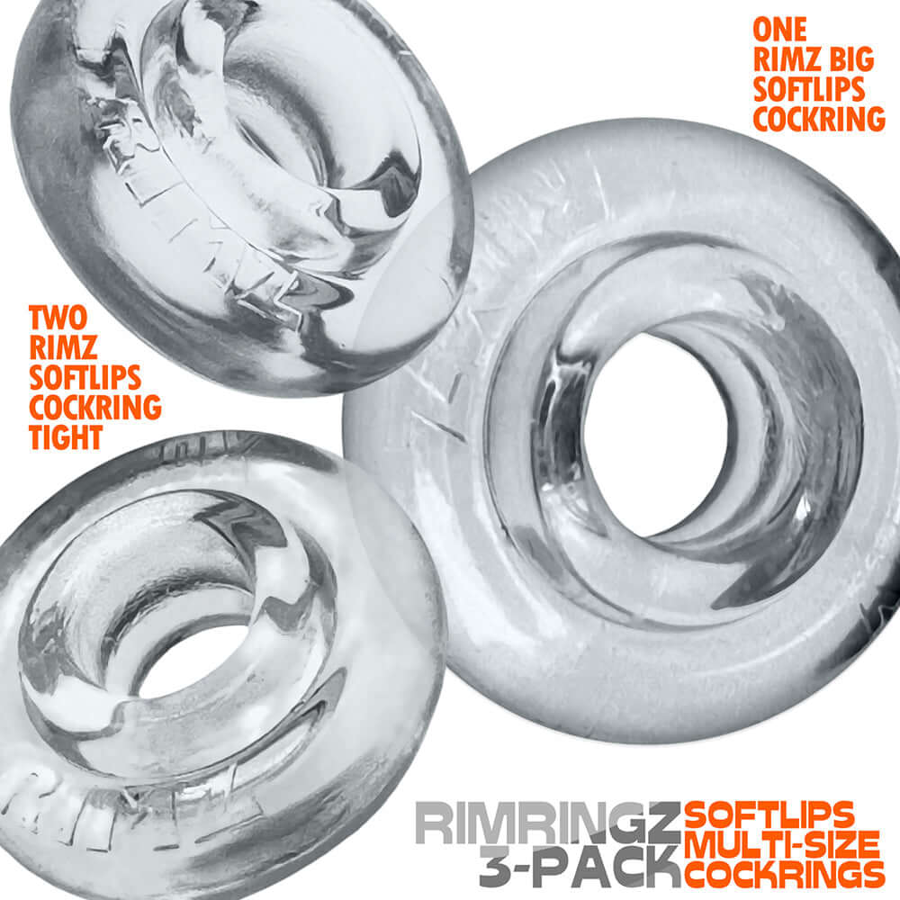 Oxballs Rimringz Multi Size 3-Pack Clear featuring a set of three clear soft cock rings for enhanced comfort.