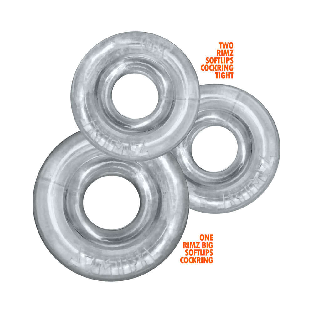 Oxballs Rimringz Multi Size 3-Pack Clear featuring two regular-size and one larger cock ring.