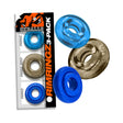 Oxballs Rimringz Multi Size 3-Pack Cool Blues featuring three versatile cock rings in varying sizes and colors.