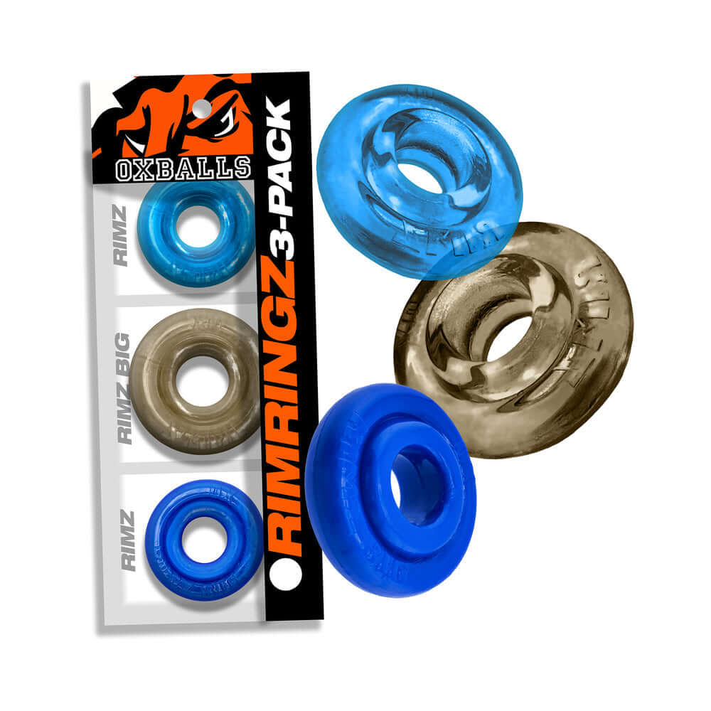Oxballs Rimringz Multi Size 3-Pack Cool Blues featuring three versatile cock rings in varying sizes and colors.