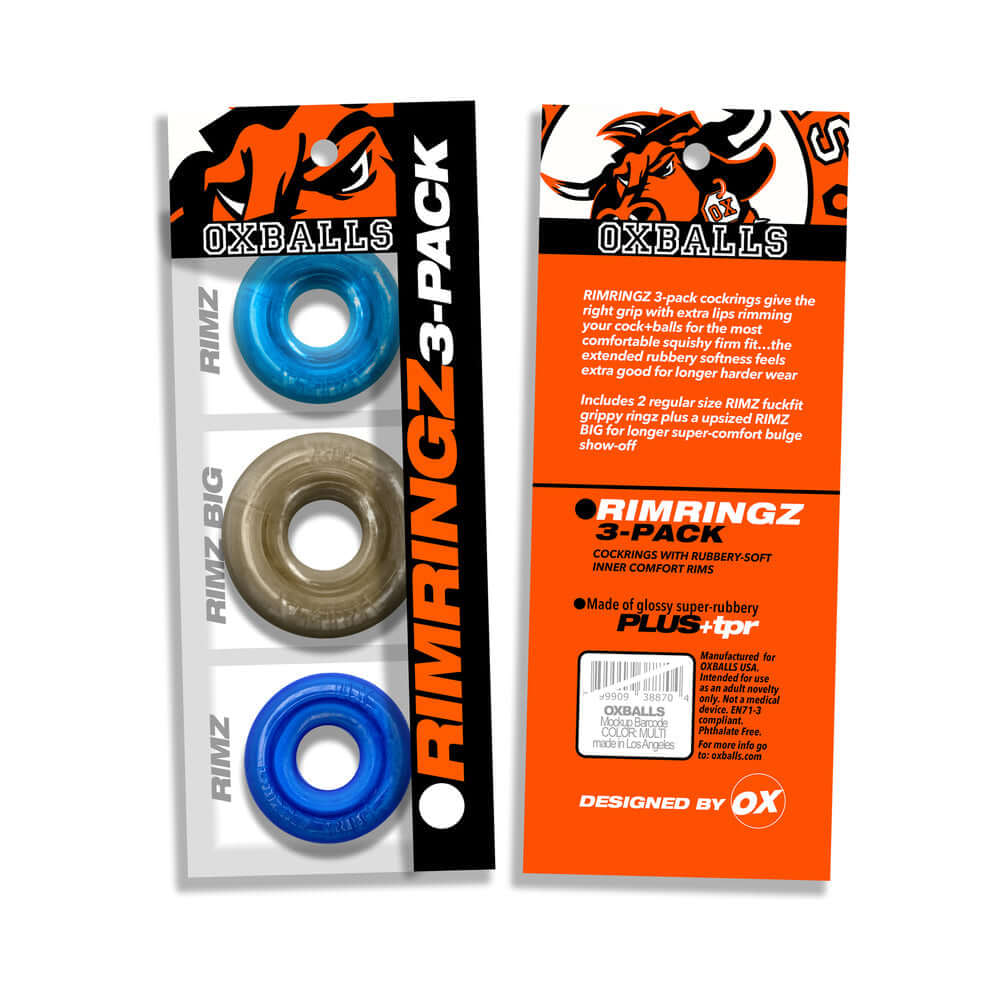Oxballs Rimringz Multi Size 3-Pack Cool Blues featuring three cock rings in assorted sizes and colors.