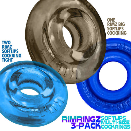 Oxballs Rimringz Multi Size 3-Pack Cool Blues featuring two softlip cock rings and one big softlip cock ring in blue and black.