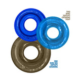 Oxballs Rimringz Multi Size 3-Pack Cool Blues featuring three colored cock rings in blue and clear.