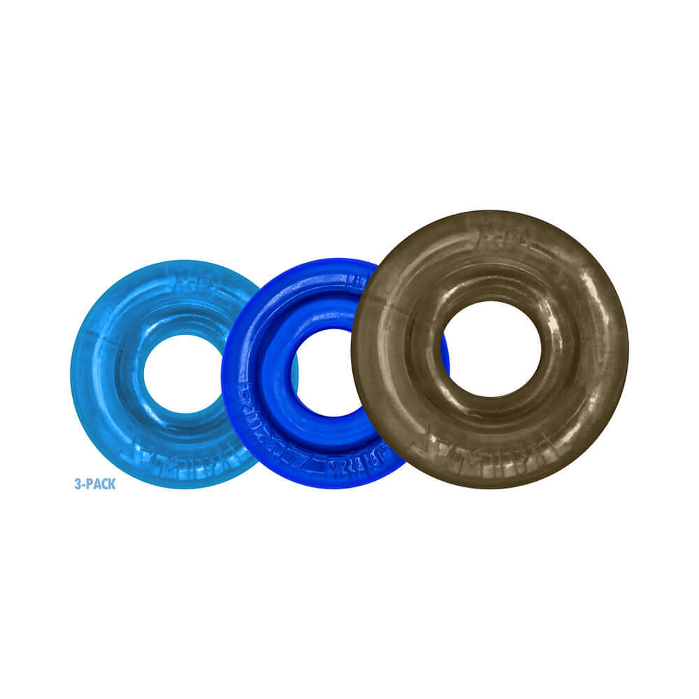 Oxballs Rimringz Multi Size 3-Pack Cool Blues featuring three cock rings in blue and gray colors.