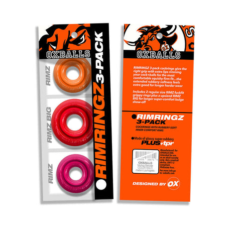 Oxballs Rimringz Multi Size 3-Pack Fire Hots featuring three colorful cock rings in packaging.