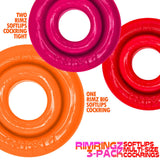 Oxballs Rimringz Multi Size 3-Pack Fire Hots featuring red, orange, and pink soft cock rings in a vibrant design.