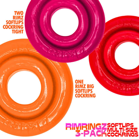 Oxballs Rimringz Multi Size 3-Pack Fire Hots featuring red, orange, and pink soft cock rings in a vibrant design.