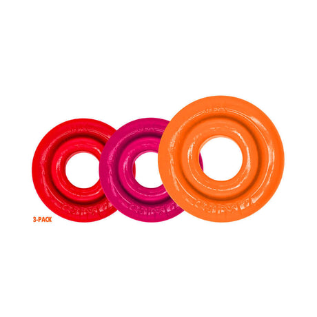 Oxballs Rimringz Multi Size 3-Pack Fire Hots in red, pink, and orange colors.
