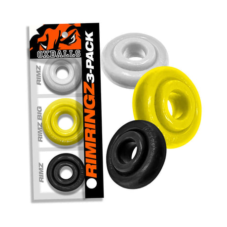 Oxballs Rimringz Multi Size 3-Pack Shockwave featuring three cock rings in different sizes and colors.