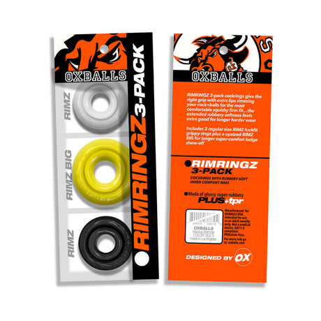Oxballs Rimringz Multi Size 3-Pack Shockwave includes three versatile cock rings in different sizes and colors.