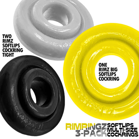 Oxballs Rimringz Multi Size 3-Pack Shockwave featuring various sizes and colors of cock rings.