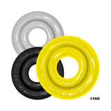 Oxballs Rimringz Multi Size 3-Pack Shockwave featuring three vibrant cock rings in yellow, gray, and black.