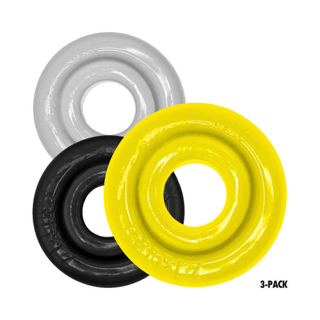 Oxballs Rimringz Multi Size 3-Pack Shockwave featuring three vibrant cock rings in yellow, gray, and black.