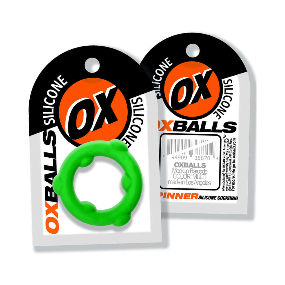 Oxballs Spinner Single Silicone Ring Frog in vibrant green color, displayed with packaging featuring brand logo.