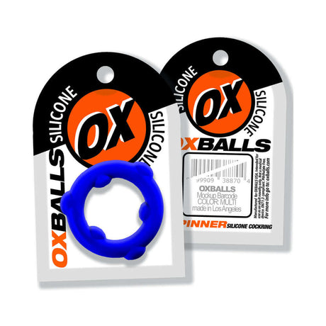 Oxballs Spinner Single Silicone Ring Glacier in blue packaging, showcasing flexible cock ring design and durability.