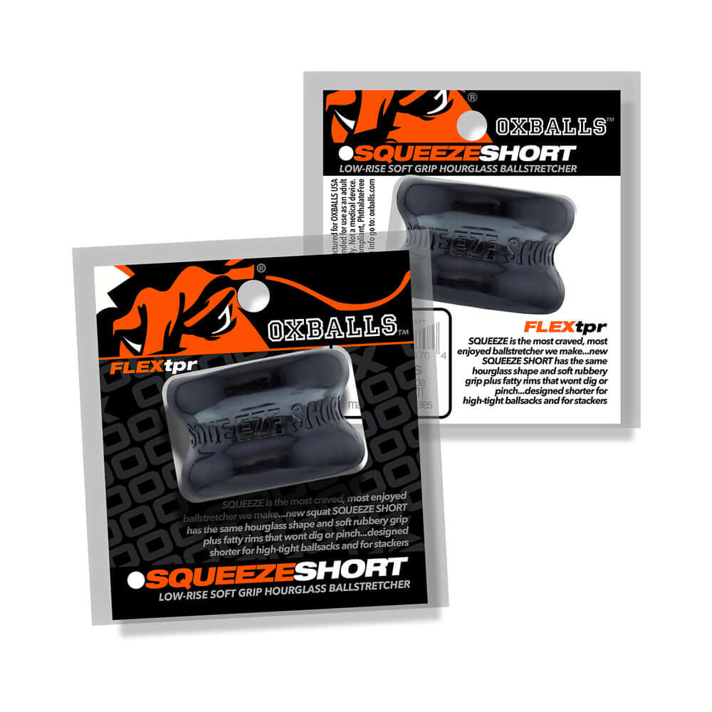 Oxballs Squeeze Short Ballstretcher Black packaging showcasing secure stretch and hourglass design.