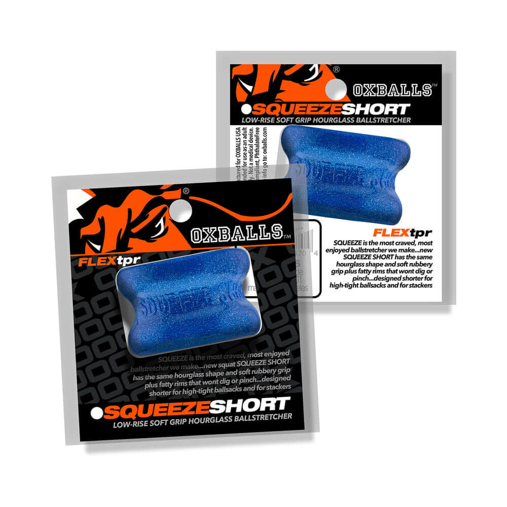 Oxballs Squeeze Short Ballstretcher Blue Fire packaging with low-rise soft grip hourglass design.