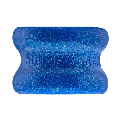 Oxballs Squeeze Short Ballstretcher Blue Fire showing the compact design and hourglass shape in blue glitter finish.