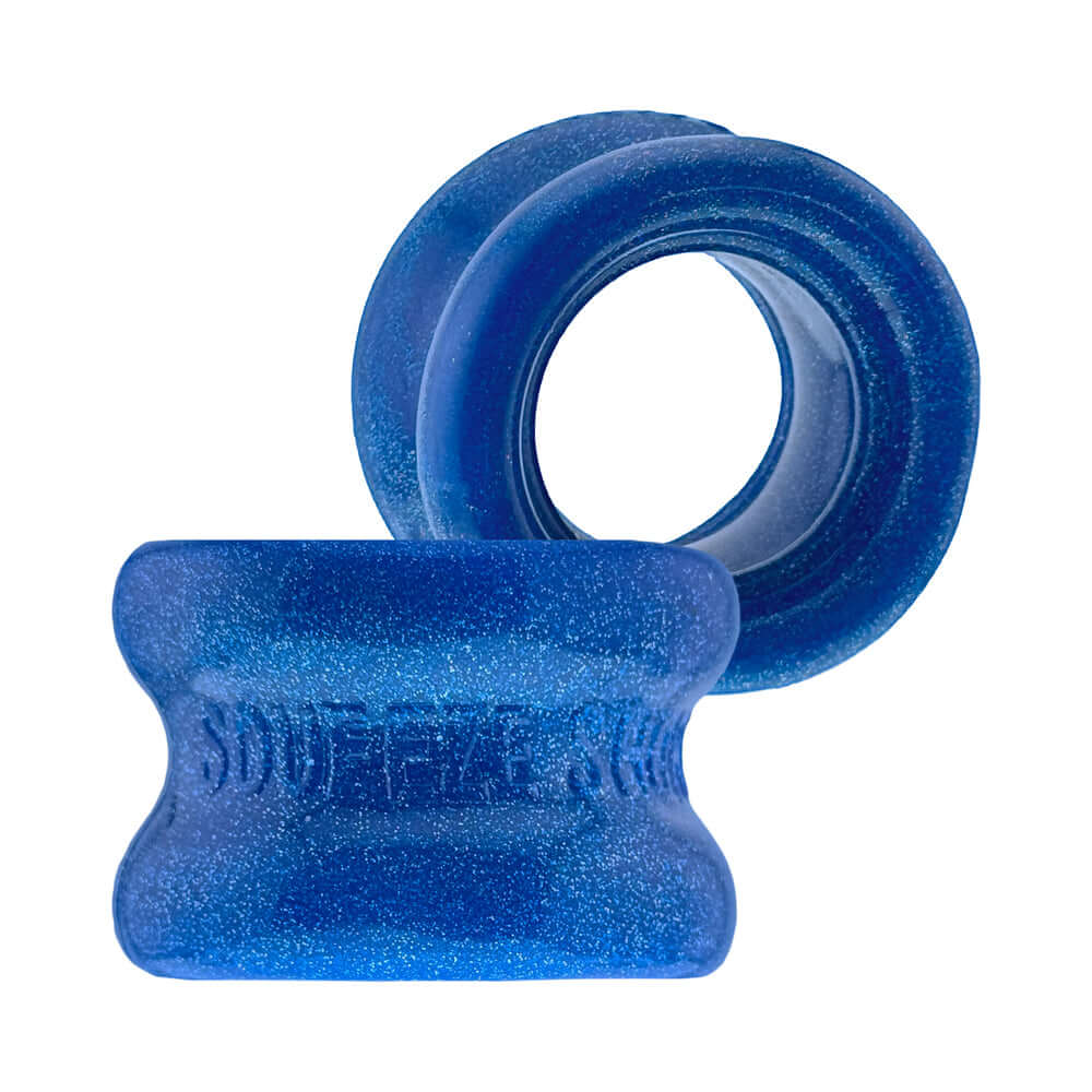 Oxballs Squeeze Short Ballstretcher Blue Fire, blue silicone ball stretcher with hourglass shape.