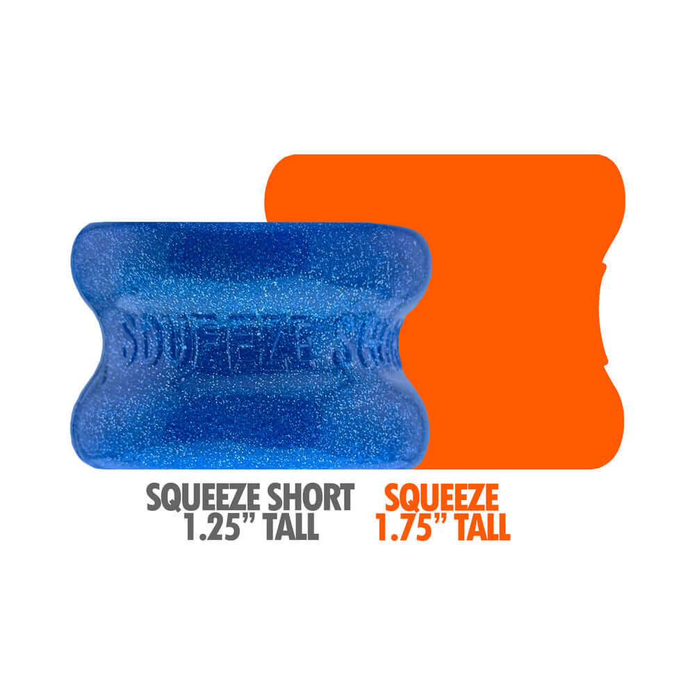 Oxballs Squeeze Short Ballstretcher Blue Fire displayed alongside orange version, highlighting size details.