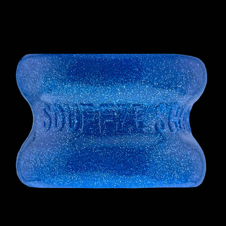 Oxballs Squeeze Short Ballstretcher Blue Fire showcasing its hourglass shape and shiny blue finish.