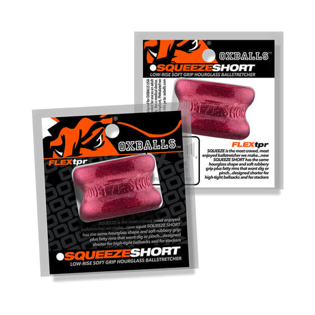 Oxballs Squeeze Short Ballstretcher Cherry Lips packaging featuring a compact and secure ball stretcher design.