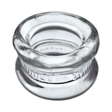 Oxballs Squeeze Short Ballstretcher Clear, a transparent, hourglass-shaped ball stretcher for comfortable use.