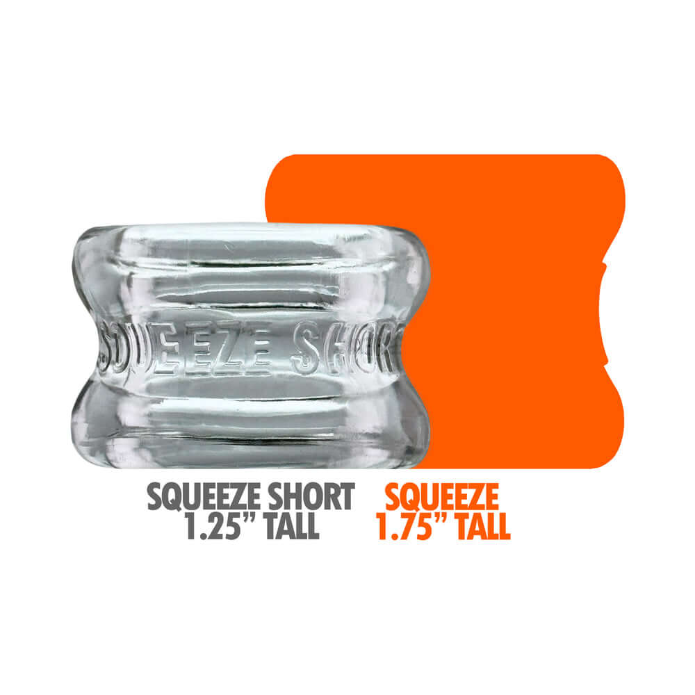 Oxballs Squeeze Short Ballstretcher Clear, showing a compact design and size options of 1.25" and 1.75" tall.