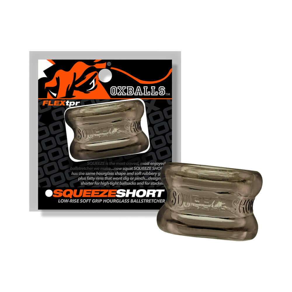 Oxballs Squeeze Short Ballstretcher Storm displayed with packaging, featuring a low-rise soft grip hourglass design.