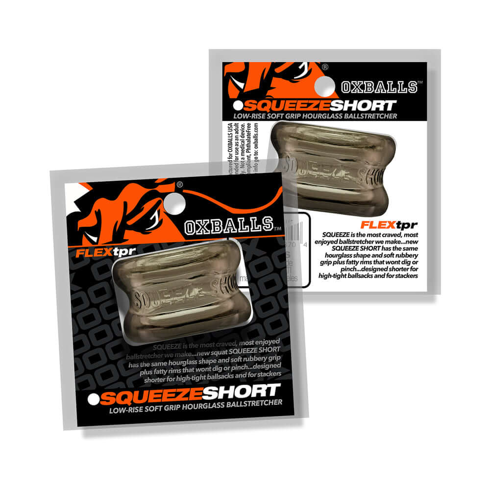 Oxballs Squeeze Short Ballstretcher Storm packaging showcasing a compact and secure ball stretcher design.