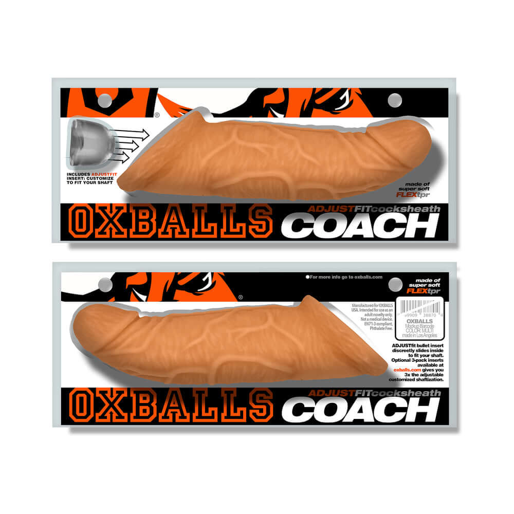 Oxballs Coach Cocksheath Skinz Peachy packaging display, featuring adjustable fit and realistic design.