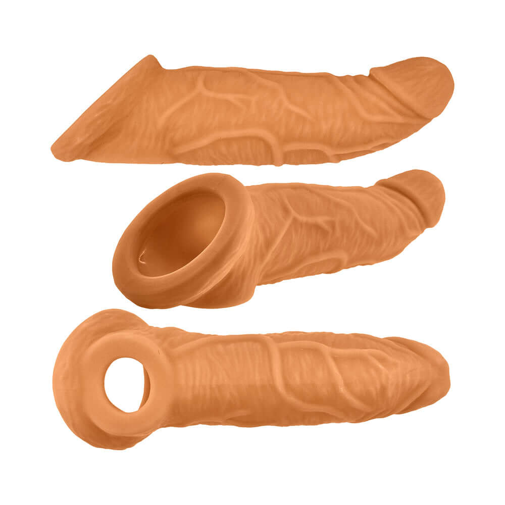 Oxballs Coach Cocksheath Skinz Peachy, 3 different views of soft silicone sheath for enhanced stimulation.