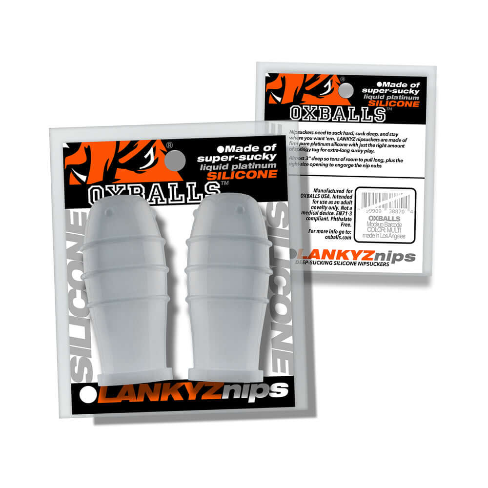 Oxballs Lankyz Silicone Nipsuckers Clear packaging featuring flexible silicone design and strong suction for intimate stimulation.