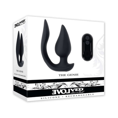 Evolved The Genie Anal Plug Black packaging showcasing the sleek design and features of the dual-motor toy.