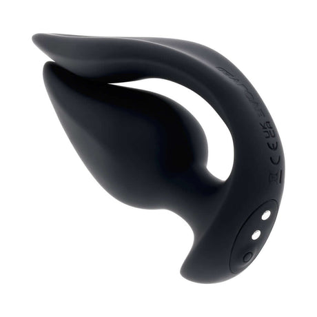 Evolved The Genie Anal Plug Black displayed at an angle to showcase its sleek design and dual motors.