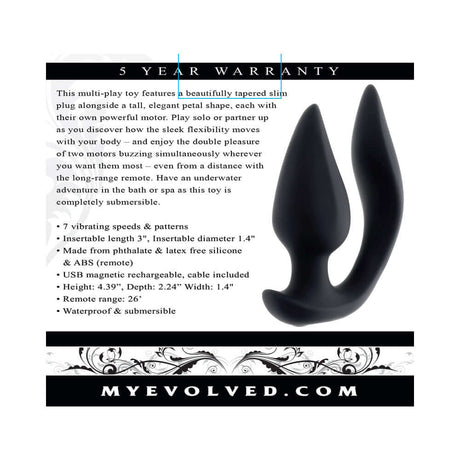 Evolved The Genie Anal Plug Black multi-play toy with tapered slim plug and petal-shaped stimulator.
