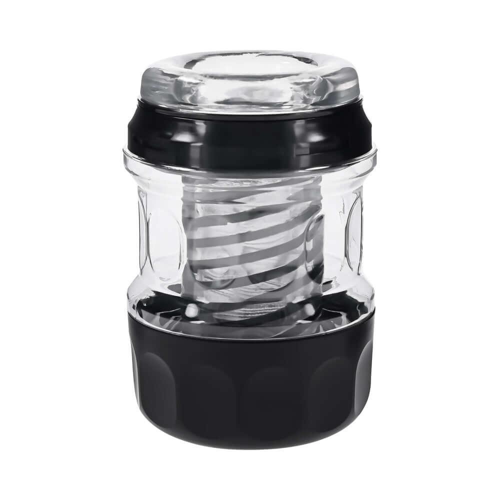 Playboy Pleasure Spring Fling Clear stroker featuring a sleek design with a transparent body and black base.