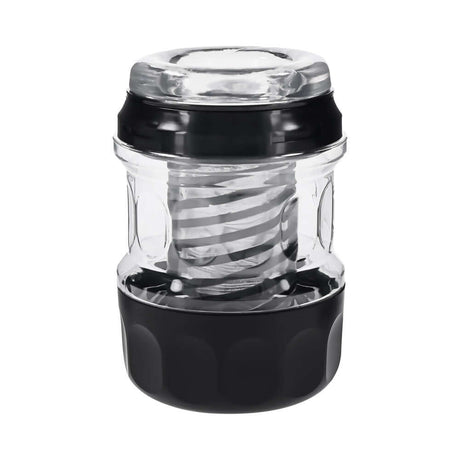 Playboy Pleasure Spring Fling Clear stroker featuring a sleek design with a transparent body and black base.