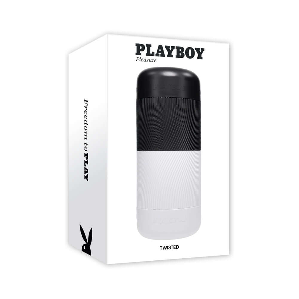 Playboy Pleasure Twisted Stroker packaging showcasing its unique dual-canister design for versatile play.