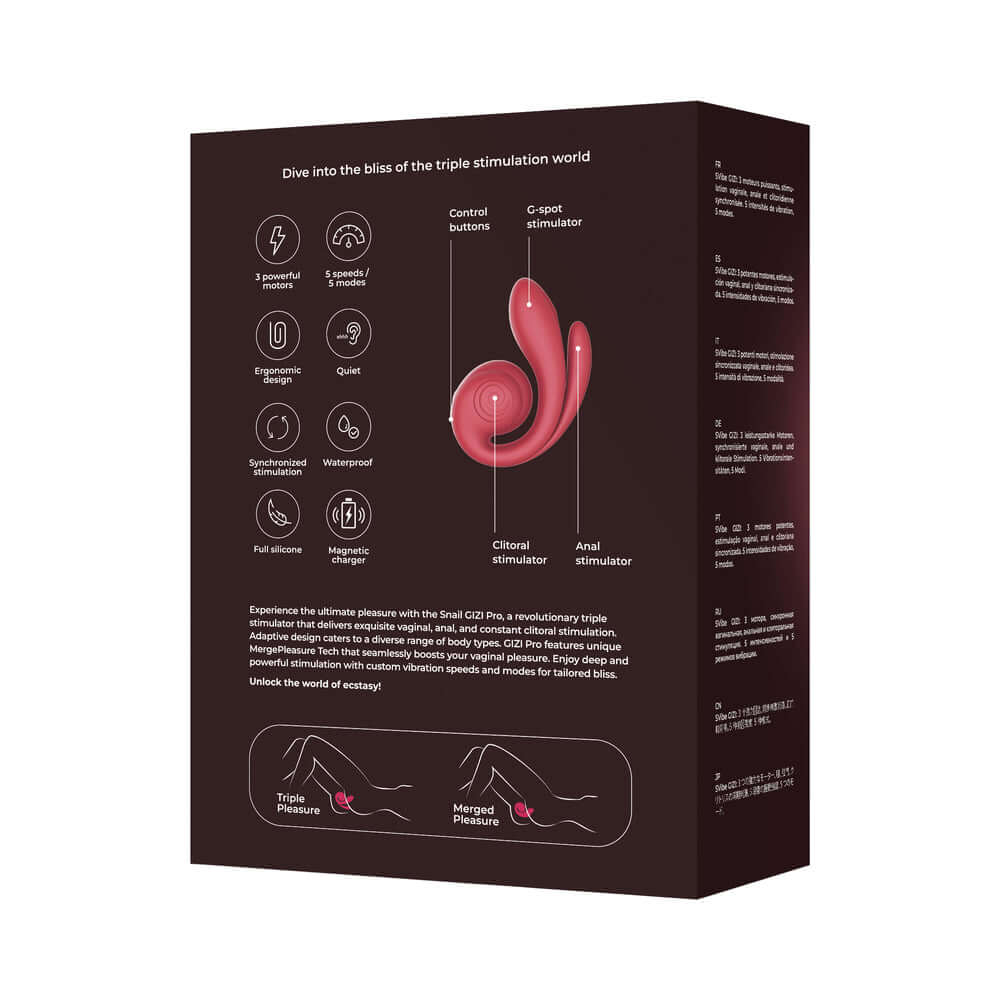SVibe Snail Gizi Pro Vibrator Bordeaux packaging showcasing triple stimulation features and silicone design.