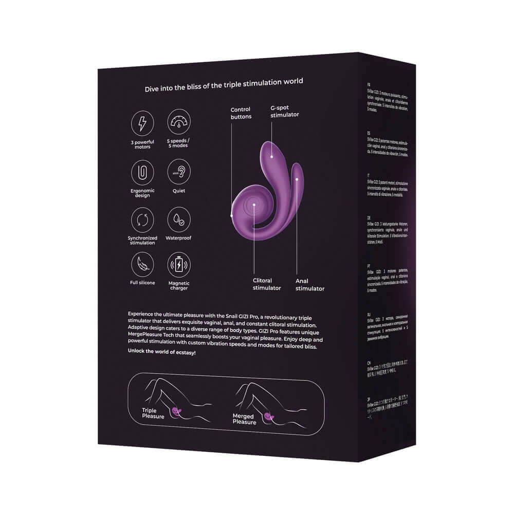 SVibe Snail Gizi Pro Vibrator Grapo packaging with features for triple stimulation and ergonomic design.