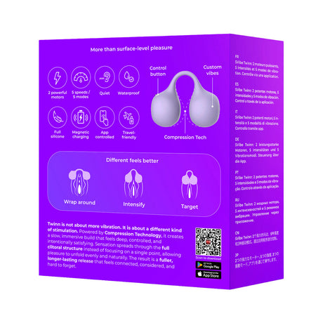 Svibe Snail Twinn Finger App Vibrator Lilac packaging showcasing control features and Compression Technology.