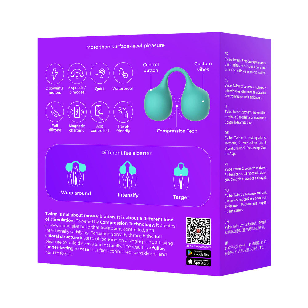 Svibe Snail Twinn Finger App Vibrator Tiffany packaging displaying features and Compression Technology.
